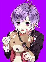  1boy bags_under_eyes blood collared_shirt diabolik_lovers eyepatch fangs frills looking_at_viewer male_focus mizuki_(artist) open_mouth purple_background purple_eyes purple_hair sakamaki_kanato school_uniform simple_background smile solo stuffed_animal teddy_(diabolik_lovers) teddy_bear uniform upper_body vampire 