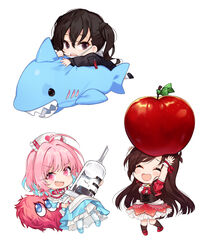  #unicus_(idolmaster) 3girls ahoge apple black_eyes black_hair black_jacket black_sweater blue_hair blush bow brown_hair brown_legwear chibi choker closed_eyes closed_mouth collar commentary corset dress earrings food frilled_dress frills fruit green_ribbons hair_between_eyes heart highres holding idolmaster idolmaster_cinderella_girls jacket jewelry kneehighs korean_commentary large_syringe long_hair looking_at_viewer lying mask mask_pull mole mole_under_eye mouth_mask multicolored_hair multiple_girls necktie oerba_yun_fang open_mouth oversized_object pantyhose pill_earrings pink_eyes pink_hair puffy_short_sleeves puffy_sleeves red_bow ribbon sankyaku_tako shark sharp_teeth shoes short_hair short_sleeves simple_background smile socks standing stuffed_animal stuffed_shark stuffed_toy sunazuka_akira surgical_mask sweater syringe teeth tsujino_akari twintails two-tone_hair white_background white_legwear wrist_cuffs yumemi_riamu 