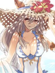  adjusting_clothes adjusting_headwear advent-lezard animal_ears bare_shoulders braid breasts cat_ears cleavage collarbone commentary_request ears_through_headwear erune female flower granblue_fantasy grey_hair hair_between_eyes hair_tubes hat hat_flower heles heles_(summer)_(granblue_fantasy) hibiscus large_breasts long_hair official_alternate_costume one-piece_swimsuit red_eyes single_braid solo sun_hat swimsuit upper_body very_long_hair white_one-piece_swimsuit 