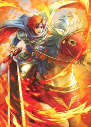  1boy armor asukan blue_eyes cape commentary_request cosplay durandal_(fire_emblem) eliwood_(fire_emblem) eliwood_(fire_emblem)_(cosplay) fire fire_emblem fire_emblem:_the_binding_blade fire_emblem:_the_blazing_blade fire_emblem_heroes headband holding holding_weapon horse male_focus red_hair roy_(brave_lion)_(fire_emblem) roy_(fire_emblem) short_hair sword weapon 