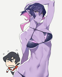  1boy arched_back arm_behind_head armpits ban!_(bansankan) bikini black_hair breasts collarbone colored_skin commentary covered_nipples facial_mark female frown highres keith_(voltron) krolia lips looking_at_viewer mother_and_son multicolored_hair navel parted_lips photoshop_(medium) purple_eyes purple_hair purple_skin simple_background swimsuit two-tone_hair voltron:_legendary_defender voltron_(series) wide_hips 