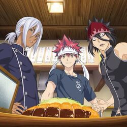  3boys album_cover cover hayama_akira jpeg_artifacts kurokiba_ryou looking_at_viewer multiple_boys official_art shokugeki_no_souma tonkatsu yukihira_souma 