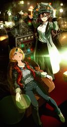  2girls :3 adjusting_clothes adjusting_headwear armchair back_to_the_future black_jacket blonde_hair blue_eyes blurry breasts brown_hair chair coat cosplay denim depth_of_field desk_lamp electrodes emmett_brown emmett_brown_(cosplay) green_eyes guinea_pig hair_between_eyes headgear highres ichinose_shiki idolmaster idolmaster_cinderella_girls jacket jeans lab_coat lamp lazy_lazy_(idolmaster) leather leather_jacket lens_flare light_bulb long_hair long_sleeves looking_at_viewer looking_up machine mad_scientist marty_mcfly marty_mcfly_(cosplay) medium_breasts miyamoto_frederica motoki_(hisano_motoki) multiple_girls necktie open_clothes open_coat open_jacket open_mouth pants plaid plaid_shirt shirt shoes short_hair sitting sleeves_rolled_up smile smoke sneakers standing unbuttoned vest wavy_hair white_shirt 