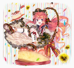  :d amatou_cacao animal_print bird black_dress bonnet bow braid cake cat_print commentary_request dress feathers female flower food frilled_bow frills full_body hairbow highres kneehighs long_hair looking_at_viewer multicolored_eyes open_mouth original petals plate pocketland purple_eyes red_bow red_footwear red_hair shoes sitting smile socks solo striped striped_background striped_bow white_socks yellow_eyes 