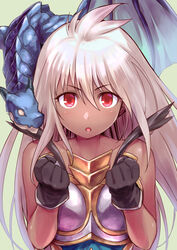  :o ahoge armor armored_dress bare_shoulders black_gloves breastplate clenched_hands commentary_request dark-skinned_female dark_skin dragon female ganbaru_pose ganbaruzoi gloves granblue_fantasy green_background hair_between_eyes long_hair looking_at_viewer name_connection new_game! ono_misao open_mouth parody pun red_eyes simple_background solo upper_body white_hair zooey_(granblue_fantasy) 