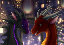  2018 absurd_res ambiguous_gender digital_media_(artwork) dragon duo european_mythology eye_contact feral fireworks grin hi_res looking_at_another mythological_creature mythological_scalie mythology naahva nude outside scalie smile western_dragon 