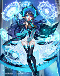  armor armored_dress black_dress black_footwear black_gloves black_hair black_thighhighs blue_background blue_eyes blue_hair book boots cardfight!!_vanguard circle commentary_request dress elbow_gloves female floating floating_book floating_hair floating_object gloves glowing long_hair magic_circle necktie official_art open_book open_mouth photoshop_(medium) pointy_ears sleeveless sleeveless_dress solo spinel_(9057) thigh_boots thigh_gap thighhighs very_long_hair watermark witch_of_intelligence_dehtail zettai_ryouiki 