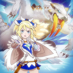  ayuria barioth blonde_hair blue_eyes bone_hair_ornament breasts cape cleavage commentary_request cowboy_shot dragon dress fangs female fur_trim hair_ornament highres ice long_hair looking_at_viewer monster_hunter_(series) monster_hunter_stories photoshop_(medium) ponytail runachikku small_breasts solo strapless strapless_dress tube_dress 