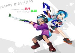  1boy :d aguruma_(yukisita03) bad_id bad_pixiv_id black_footwear black_hat black_pants black_shorts blue_eyes blue_hair blue_tongue boots brown_footwear capri_pants closed_mouth colored_tongue commentary_request cross-laced_footwear dapple_dualies_(splatoon) dark-skinned_male dark_skin dolphin_shorts dual_wielding female full_body green_eyes grey_eyes happy_birthday hat holding ink_tank_(splatoon) inkling inkling_boy inkling_player_character jacket lace-up_boots long_hair looking_at_viewer octoling octoling_girl octoling_player_character one_eye_closed open_mouth paint_splatter pants pointy_ears purple_jacket shoelaces shoes short_hair short_shorts shorts silhouette smile splat_charger_(splatoon) splatoon_(series) splatoon_2 suction_cups teeth tentacle_hair twitter_username 