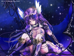  2015 arborlune armor bad_id bad_pixiv_id chains crown dahlia_(sennen_sensou_aigis) female greaves hair_ornament photoshop_(medium) polearm purple_eyes purple_hair sennen_sensou_aigis sitting solo spear thighhighs twitter_username weapon white_thighhighs 