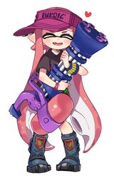  :d ^_^ bad_id bad_twitter_id black_shirt blue_footwear blush boots bracelet closed_eyes fangs female full_body hat heart holding inkling inkling_girl inkling_player_character jewelry legs_apart long_hair maco_spl mini_splatling_(splatoon) open_mouth pink_hair pink_hat pointy_ears shirt short_sleeves simple_background smile solo splatoon_(series) splatoon_1 standing suction_cups t-shirt tentacle_hair very_long_hair visor_cap white_background wristband 