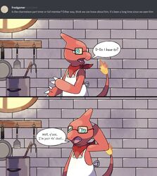  2019 apron breezer_marais brick charmeleon clothing cooking_pot cookware darknsfwindie detailed_background dialogue digital_media_(artwork) english_text eyewear fan_character fire flaming_tail frying_pan generation_1_pokemon glasses hi_res inside kitchen kitchen_spatula kitchen_utensils light male nintendo open_mouth pokemon pokemon_(species) pokemon_mystery_dungeon reptile scalie scarf solo spatula spike_chunsoft sunlight tail text tongue tools wanderlust window 