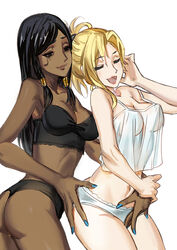  2girls aqua_nails ass babydoll bad_hands bare_shoulders black_bra black_eyes black_hair black_panties blonde_hair bra braid breasts brown_lips cleavage closed_eyes closed_mouth collarbone commentary cowboy_shot dark-skinned_female dark_skin eye_of_horus facial_mark facial_tattoo fingernails hair_ornament hair_tie hair_tubes hand_grab hand_on_another&#039;s_crotch hand_up hands_on_another&#039;s_hips interracial large_breasts lingerie lips lipstick long_fingernails long_hair makeup medium_breasts mercy_(overwatch) midriff multiple_girls nail_polish navel open_mouth overwatch overwatch_1 panties perky_breasts pharah_(overwatch) ponytail red_lips see-through side_braid simple_background smile strapless strapless_bra streamingsun swept_bangs tattoo thong twisted_torso underwear very_dark_skin white_background white_panties yuri 