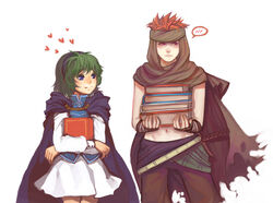  1boy bad_deviantart_id bad_id blue_eyes book cape couple female fingerless_gloves fire_emblem fire_emblem:_the_blazing_blade gloves green_hair hairband heart highres ippus jaffar_(fire_emblem) nino_(fire_emblem) photoshop_(medium) red_eyes red_hair short_hair simple_background skirt smile spoken_blush straight tattoo white_background 