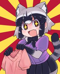  +_+ :d animal_ear_fluff animal_ears blue_hair blue_skirt blush bodystocking bow bowtie breast_pocket brown_eyes commentary_request common_raccoon_(kemono_friends) female flag fur_collar grey_hair highres holding holding_sweater ino_(tellu0120) kemono_friends multicolored_hair no_gloves open_mouth pantyhose pink_sweater pocket puffy_short_sleeves puffy_sleeves purple_sweater raccoon_ears raccoon_tail short-sleeved_sweater short_hair short_sleeves skirt smile solo sunburst sunburst_background sweater tail v-shaped_eyebrows 