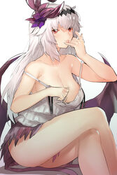  bare_shoulders breasts cleavage closed_mouth collarbone crossed_legs dark_jeanne demon_wings female flower frills granblue_fantasy hair_flower hair_ornament hand_on_own_cheek hand_on_own_face jeanne_d&#039;arc_(granblue_fantasy) large_breasts long_hair looking_at_viewer naso4 off_shoulder photoshop_(medium) red_eyes sidelocks simple_background sitting skirt smirk solo thighs tongue tongue_out white_background white_hair wings 