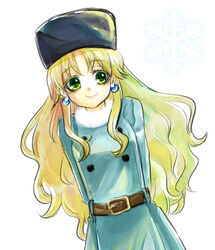  blonde_hair blue_coat breasts buttons closed_mouth coat commentary_request earrings eyelashes female fu-maru fur_collar fur_hat fur_trim green_eyes hat jewelry kalinka_cossack_(mega_man) long_hair looking_at_viewer mega_man_(classic) mega_man_(series) photoshop_(medium) rockman_xover smile solo 