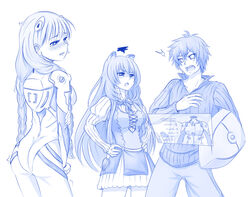  1boy 2girls ^^^ angry animal_ears ass blue_theme blush bodysuit braid breasts bustier commentary ear_blush embarrassed english_commentary hands_on_own_hips highres holographic_interface interface_headset iwatani_naofumi large_breasts long_hair long_sleeves monochrome multiple_girls neck_ribbon neon_genesis_evangelion open_mouth pants photoshop_(medium) pilot_suit plugsuit raccoon_ears raccoon_girl raphtalia ribbon rishia_ivyred science_fiction shield simple_background squiggle standing sweatdrop tate_no_yuusha_no_nariagari tears twin_braids very_long_hair viperxtr white_background 