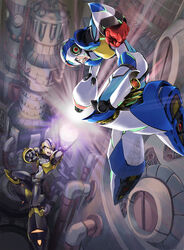  2boys android arm_cannon armor battle clenched_hand commentary_request dark_persona duel fujino_yuuki green_eyes helmet highres jumping looking_at_another machinery male_focus mega_man_(series) mega_man_x_(series) multiple_boys open_mouth photoshop_(medium) power_armor red_eyes robot serious teeth weapon x-kai_(mega_man) x_(mega_man) 