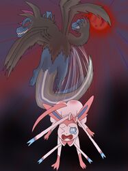  3_heads ambiguous_gender ass blood_moon bodily_fluids butt_slap duo ear_bow eeveelution fangs generation_5_pokemon generation_6_pokemon hi_res hydreigon iron_tail kirogazen moon multi_head neck_bow nintendo pain pokemon pokemon_(species) slap spanking sylveon tears teeth tongue 