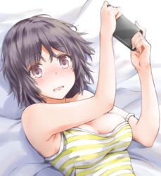  absurdres armpits black_hair blush breasts brown_eyes cleavage commentary_request female from_above gamers! highres hoshinomori_chiaki looking_at_viewer lying medium_breasts on_back open_mouth purple_eyes short_hair strap_slip upper_body wavy_mouth wing_(aiastor) 