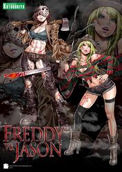  2girls a_nightmare_on_elm_street abs axe bishoujo_terror blood boots breasts claw_(weapon) cleavage crossover freddy_krueger freddy_krueger_(bishoujo_terror) friday_the_13th genderswap_(mtf) highres jacket jason_voorhees jason_voorhees_(kotobukiya_bishoujo) kotobukiya_bishoujo large_breasts machete mask mask_on_head multiple_girls rule_63 shorts torn_clothes weapon yamashita_shun&#039;ya 