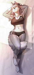  2019 abs absurd_res adidas anthro armpit_tuft athletic athletic_anthro athletic_female barefoot big_breasts biped black_nose bottomwear bra breasts canid canine canis cervina cheek_tuft clothing countershading digital_media_(artwork) english_text facial_tuft feet female fur grey_body grey_fur grey_hair hair hands_behind_head hi_res hotpants inner_ear_fluff long_hair looking_at_viewer lying mammal midriff minishorts multicolored_body multicolored_fur muscular muscular_anthro muscular_female navel on_back pgm300 shaded shorts smile solo sports_bra tail tail_between_legs text text_on_bra text_on_clothing text_on_sports_bra text_on_underwear tuft two_tone_body two_tone_fur underwear white_body white_fur wide_hips wolf yellow_eyes 