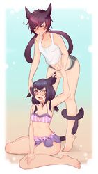  2girls absurdres animal_ears barefoot bikini black-framed_eyewear black_hair black_shorts blush braid breasts cat_ears cat_tail clothing_cutout coffeechicken commentary commission eighth_note facial_mark feet final_fantasy final_fantasy_xiv freckles frilled_bikini frills full_body glasses grin hair_between_eyes halterneck hand_on_own_leg heart_cutout highres leaning_forward long_hair looking_up midriff miqo&#039;te multicolored_hair multiple_girls musical_note navel one_eye_closed open_mouth pink_eyes playing_with_another&#039;s_ears red_hair round_eyewear shirt short_hair short_shorts shorts sitting sleeveless sleeveless_shirt slit_pupils small_breasts smile standing swept_bangs swimsuit tail tank_top tiptoes toes twin_braids wariza warrior_of_light_(ff14) white_shirt 