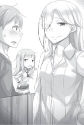  1boy 2girls ayakura_juu blush breasts cleavage collarbone dress_shirt eyes_visible_through_hair greyscale hair_over_one_eye hand_on_own_hip hands_on_own_hips hyland_(spice_and_wolf) long_hair monochrome multiple_girls myuri_(spice_and_wolf) non-web_source novel_illustration official_art open_mouth shinsetsu_spice_and_wolf shirt small_breasts spice_and_wolf standing sweatdrop tote_col upper_body very_long_hair white_background 