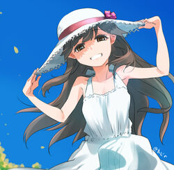  ajino_(sakanahen) alternate_costume arashio_(kancolle) artist_name bad_id bad_pixiv_id bare_arms bare_shoulders blue_sky bow brown_eyes brown_hair commentary_request day dress female grin hands_on_headwear hat hat_bow kantai_collection long_hair looking_at_viewer outdoors sky sleeveless sleeveless_dress smile solo straw_hat sun_hat sundress teeth upper_body white_dress 