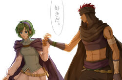  1boy abs bandages beads belt belt_pouch black_cape blue_eyes breasts cape commentary_request confession couple cowboy_shot delsaber female fingerless_gloves fire_emblem fire_emblem:_the_blazing_blade gloves green_hair hairband jaffar_(fire_emblem) long_sleeves looking_at_another medium_breasts midriff nino_(fire_emblem) outstretched_arm parted_lips pouch profile red_eyes red_hair short_hair shoulder_tattoo simple_background skirt sleeveless speech_bubble straight surprised swept_bangs tattoo tearing_up tears translated watch white_background white_skirt wristwatch 