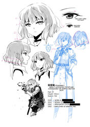  aiming blue character_sheet english_text female gentiane_(girls_frontline) girls_frontline gun handgun highres monotone multiple_views pistol shooting_glasses short_hair solo weapon 