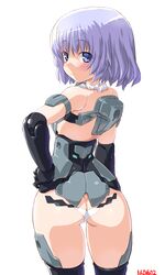  ass bad_id bad_pixiv_id bare_shoulders black_gloves black_legwear blush butt_crack cowboy_shot dd_(ijigendd) doll_joints elbow_gloves eyebrows female frame_arms_girl gloves hand_on_own_hip joints light_purple_hair looking_at_viewer looking_back lowleg lowleg_panties materia_(frame_arms_girl) materia_kuro mecha_musume numbered panties purple_eyes robot_joints short_hair simple_background smile solo underwear white_background white_panties 