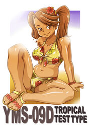  bikini breasts brown_eyes brown_hair commentary_request female gundam gundam_build_fighters gundam_build_fighters_try h26r looking_at_viewer partial_commentary sazaki_kaoruko solo spread_legs swimsuit tan twintails 