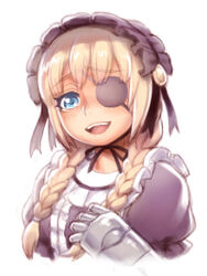  bad_id bad_pixiv_id battle_angel_alita battle_angel_alita:_mars_chronicle blonde_hair blue_eyes braid commentary_request dress erika_(gunnm) eyepatch female folks_(nabokof) frills gothic_lolita hairband lolita_fashion lolita_hairband mechanical_arms open_mouth puffy_short_sleeves puffy_sleeves short_sleeves single_mechanical_arm smile solo upper_body white_background 