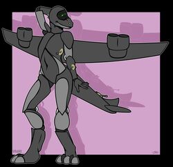  aircraft aircraft_humanoid airplane ambiguous_gender anthro gun hand_behind_head hi_res living_aircraft living_machine living_vehicle machine nude ranged_weapon solo standing thrusters vehicle vrabo weapon wire 