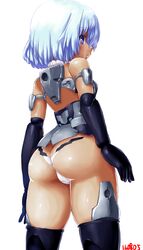  ass bad_id bad_pixiv_id black_thighhighs blue_hair cowboy_shot dd_(ijigendd) doll_joints elbow_gloves female frame_arms_girl from_behind gloves joints materia_(frame_arms_girl) materia_kuro mecha_musume numbered panties purple_eyes shiny_skin short_hair simple_background skindentation solo thighhighs underwear white_background white_panties 