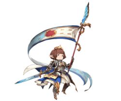  armor blue_eyes bridgette_(granblue_fantasy) brown_hair female flag full_body gold_footwear granblue_fantasy harvin hat holding holding_flag holding_sword holding_weapon looking_away minaba_hideo official_art pointy_ears short_hair solo sword transparent_background weapon 