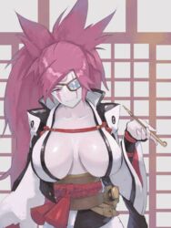  arqa baiken big_hair breasts collarbone commentary english_commentary eyepatch female guilty_gear japanese_clothes kimono kiseru large_breasts long_hair long_sleeves looking_at_viewer obi obijime one-eyed open_clothes open_kimono pink_eyes pink_hair ponytail sash scar scar_across_eye scar_on_face smile smoking_pipe solo tattoo tsuba_(guard) tsuka_(handle) upper_body wide_sleeves 