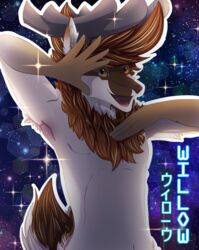  2019 anthro chest_tuft deer digital_media_(artwork) english_text galaxy grin half-length_portrait hi_res japanese_text jojo_pose looking_at_viewer male mammal mane naahva new_world_deer nude open_mouth outside portrait reindeer smile solo sparkles star text toony tuft willow_(disambiguation) 