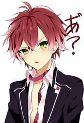  1boy blush collared_shirt diabolik_lovers green_eyes looking_at_viewer male_focus mizuki_(artist) oerba_yun_fang open_clothes open_mouth red_hair sakamaki_ayato school_uniform simple_background solo uniform upper_body vampire white_background 