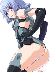  ass bad_id bad_pixiv_id bare_shoulders black_gloves black_thighhighs blush dd_(ijigendd) doll_joints elbow_gloves female frame_arms_girl gloves hair_between_eyes joints light_purple_hair materia_(frame_arms_girl) materia_kuro mecha_musume numbered panties purple_eyes short_hair simple_background smile solo thighhighs underwear white_background white_panties 