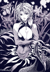  artist_name bare_shoulders breasts cleavage commentary_request detached_sleeves female flower fujino_yuuki greyscale highres jewelry large_breasts looking_at_viewer millipen_(medium) monochrome monster_girl original photoshop_(medium) plant plant_girl short_hair signature smile solo traditional_media upper_body 