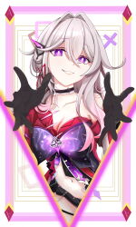  absurdres bare_shoulders black_choker black_gloves black_shorts bow bowtie breasts chinese_commentary choker cleavage collarbone commentary_request female gloves grey_hair hair_intakes highres honkai_(series) honkai_impact_3rd kaerbin large_breasts long_hair micro_shorts midriff navel parted_lips purple_bow purple_bowtie purple_eyes reaching reaching_towards_viewer red_shirt shirt shorts solo thelema_nutriscu thelema_nutriscu_(mad_pleasure:_shadowbringer) very_long_hair 