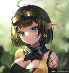  absurdres ahoge arknights bare_shoulders black_hair black_tube_top blue_eyes blurry blurry_background bob_cut breasts chunhwei_lee cleavage dress eunectes_(arknights) female flower goggles goggles_on_head green_background hair_flower hair_ornament highres large_breasts looking_at_viewer pointy_ears portrait short_hair sidelighting smile solo strapless tube_top weibo_logo weibo_watermark yellow_dress yellow_flower 