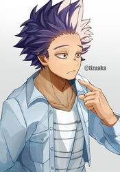  1boy adam&#039;s_apple bad_id bad_pixiv_id bags_under_eyes boku_no_hero_academia breast_pocket casual collarbone cropped_jacket denim denim_jacket forehead frown highres jacket male_focus messy_hair open_clothes open_jacket pocket pointing pointing_at_self purple_eyes purple_hair raised_eyebrows shinsou_hitoshi shirt short_hair sideburns simple_background solo spiked_hair striped_clothes striped_shirt tonbanlove twitter_username upper_body v-neck wing_collar 