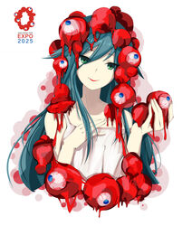  absurdres aqua_hair blue_eyes copyright_name eldritch_abomination expo2025 female green_eyes highres long_hair looking_at_viewer mrgerdeee myaku-myaku saya_(saya_no_uta) saya_no_uta simple_background sleeveless smile upper_body white_background 