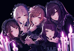  5girls :p apron bad_id bad_pixiv_id black_background black_dress blurry blurry_foreground brown-framed_eyewear brown_hair candle closed_mouth commentary_request depth_of_field diagonal_bangs dress feeding fire food frilled_apron frills glasses hair_between_eyes hair_over_one_eye holding holding_food idolmaster idolmaster_shiny_colors juliet_sleeves l&#039;antica_(idolmaster) long_sleeves maid maid_headdress minyom mitsumine_yuika multiple_girls nail_polish oerba_yun_fang open_mouth puffy_sleeves purple_eyes purple_hair purple_nails round_eyewear shirase_sakuya simple_background smile tanaka_mamimi tongue tongue_out tsukioka_kogane white_apron yukoku_kiriko 