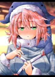  animal_hat blue_hat blush breasts commentary female green_eyes hat highres large_breasts letterboxed long_sleeves looking_at_viewer okunoda_miyoi oshiaki parted_lips pink_hair solo sweatdrop touhou upper_body whale_hat 