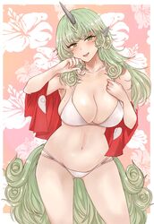  alternate_breast_size aqua_hair bra breasts buttons clothes_pull cloud_print curly_hair female floral_background green_eyes highres horns kariyushi_shirt komano_aunn large_breasts long_hair oerba_yun_fang panties pink_background red_shirt shirt shirt_pull simple_background single_horn solo tail touhou underwear washiwa white_background white_bra white_panties 